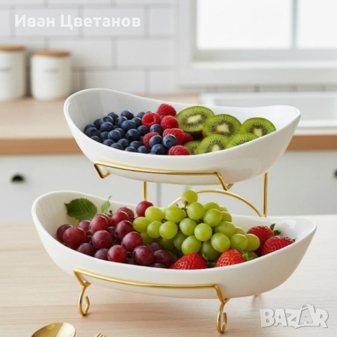 Луксозна двуетажна етажерка за плодове с керамични купи и златна стойка (2 нива)