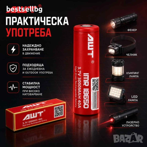 Индустриалнa литиево-йонна акумулаторна батерия 18650 3000mAh 40A 3.7V за челници фенери лазери, снимка 5 - Къмпинг осветление - 24182299