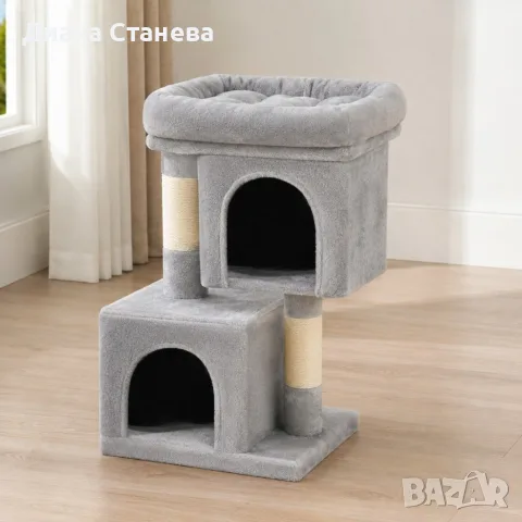Голяма катерушка за котки 67 см с легло - 2 къщички, драскалки от сизал и 3 нива