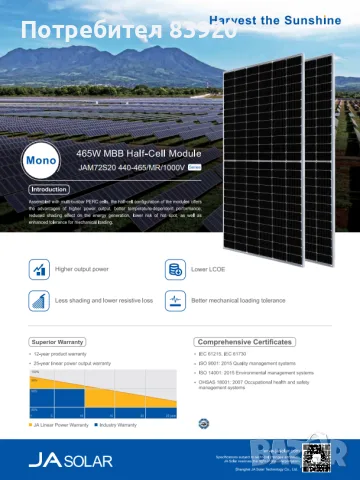 Соларен панел JA Solar JAM72S20 460/MR- 460 Wp, снимка 3 - Друга електроника - 55579425