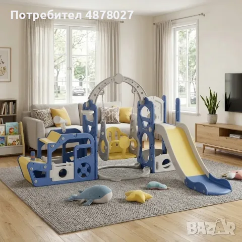 Детски център за игра 5 в 1 с пързалка, люлка, баскетболен кош и телескоп – свободностоящ 220 см за , снимка 2 - Детски люлки - 55443497
