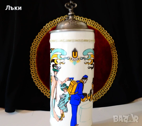 Порцеланова халба с капак от калай 30 см.,Art Nouveau. , снимка 8 - Антикварни и старинни предмети - 55179612