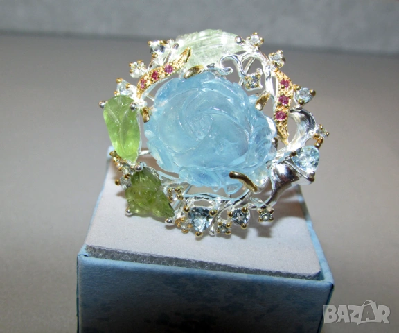 925 сребърен пръстен с 30 карата гравиран аквамарин 20x17мм