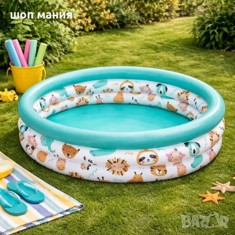 Детски надуваем басейн 102 x 25 см – цветен басейн с животни за деца 2+ години, 101 л капацитет, PVC