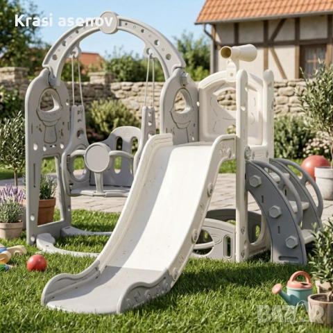 Детска сива пързалка с люлка 3 в 1 – за дома и двора, стабилна и безопасна конструкция