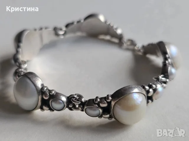 Сребърна гривна с естествени перли, снимка 6 - Гривни - 55511308