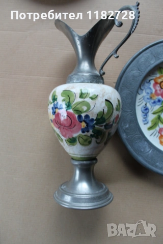 Ръчно рисуван порцелан  + ZINN  /калай /, снимка 2 - Антикварни и старинни предмети - 53995048