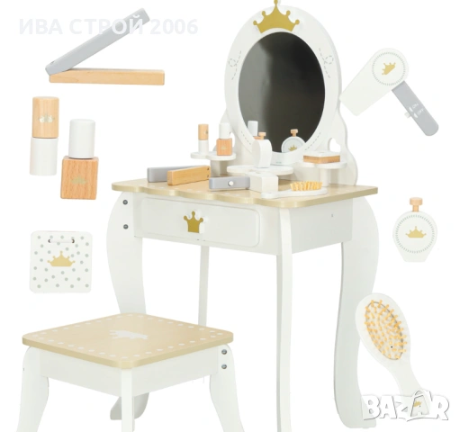 Детска дървена тоалетка с табуретка и аксесоари | Бяла | PraktiHome