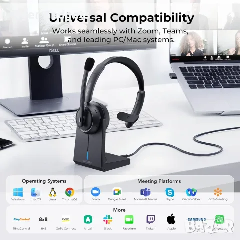 Nuroum HP31S (3rd Gen) Bluetooth слушалка с микрофон, USB донгъл, зарядна база, Noise Cancelling, снимка 10 - Bluetooth слушалки - 55313694