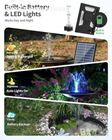 Нов Градински соларен фонтан 8W LED батерия 8 дюзи за езерце поилка, снимка 2 - Други - 54150780