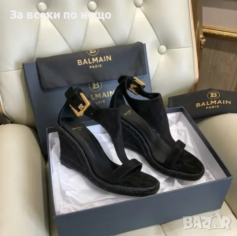 Balmain Suede T-Strap Wedge Sandal "Black/Gold" Дамски Черни Сандали На платформа Код ch2, снимка 2 - Сандали - 55411005