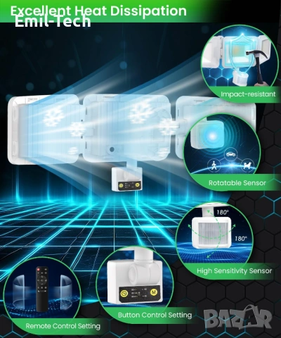 Мощен LED прожектор MEIHUA 100W, 9600LM, 3 глави, сензор и дистанционно, снимка 3 - Прожектори - 54779713