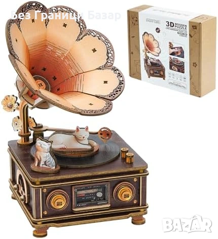 Нов Музикален 3D дървен модел грамофон с котенца DIY пъзел идеален подарък за декор