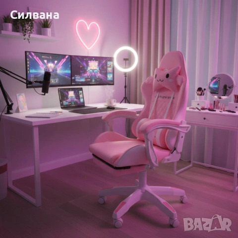  Ергономичен розов геймърски стол с поставка за крака 