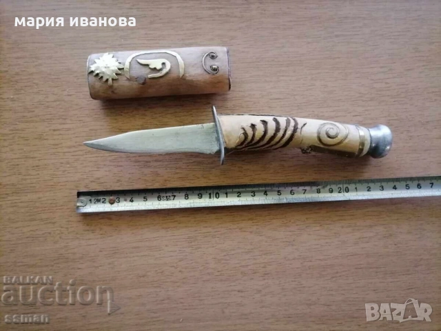 стар нож с дръжка от чемшир украса кон и камъни, снимка 2 - Други ценни предмети - 54946715
