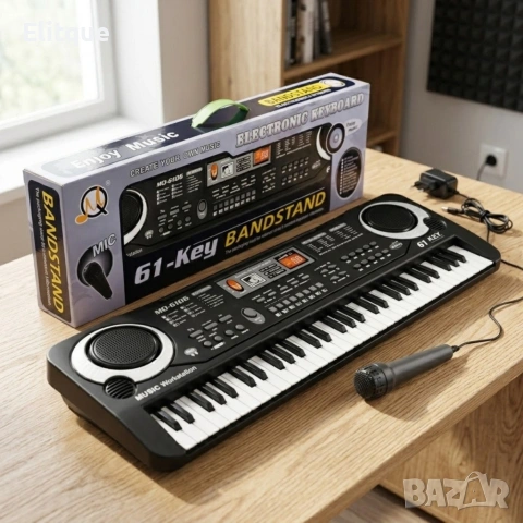 Детско електронно пиано с 61 клавиша, микрофон и адаптер – 16 тона, 10 ритъма и режим на обучение