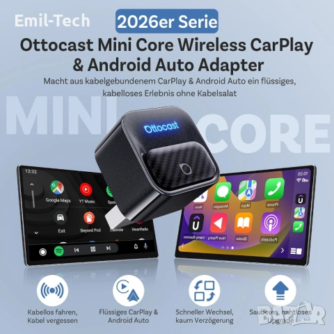 OTTOCAST Mini Core 2-в-1 безжичен CarPlay и Android Auto адаптер, снимка 4 - Аксесоари и консумативи - 54948564