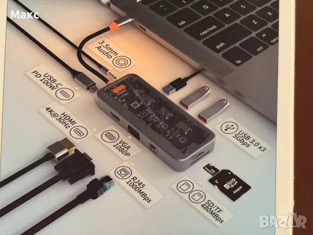 10-в-1 USB-C хъб / докинг станция 10-in-1 Multifunctional USB-C Hub Docking Station, снимка 5 - Лаптоп аксесоари - 55412333