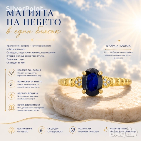 Сребърен пръстен сърца със Сапфир Royal Blue 1.60 карата,и сертификат 