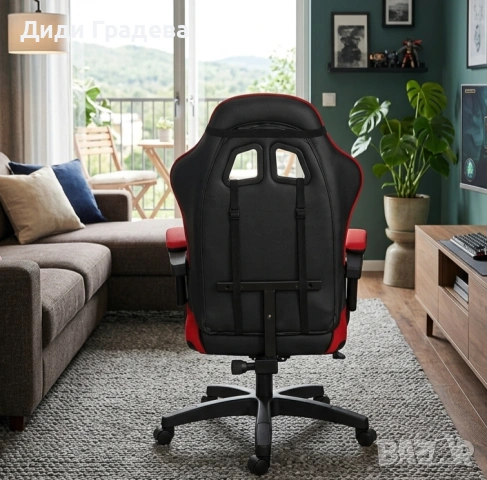 Удобен геймърски стол с поставка за крака и масажна лумбална възглавница, Черно-червен, снимка 3 - Столове - 54211229