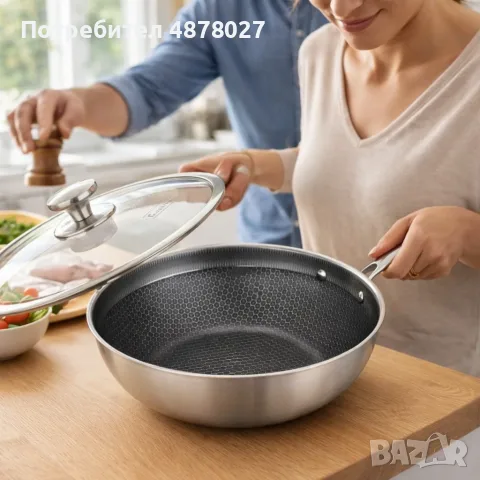 Уок тиган с капак Goldmann Fusionhex Pro GM 1128-28WK, 28x8.5 см., Незалепващо Покритие, Неръждаема , снимка 2 - Съдове за готвене - 55516855