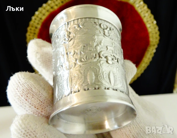 Калаена чаша за ракия с ловна сцена,ангели. , снимка 5 - Антикварни и старинни предмети - 54071262