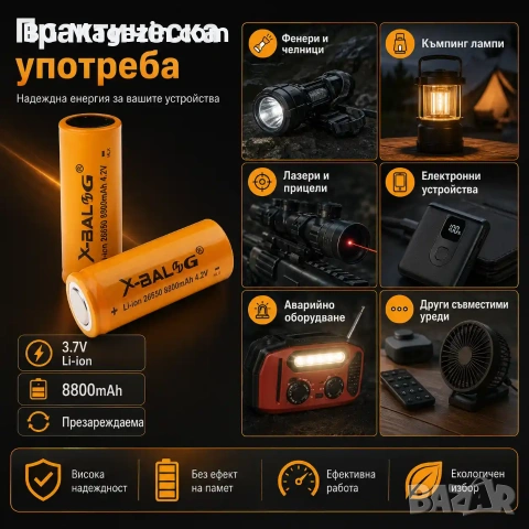 Мощна акумулаторна литиева батерия 26650 3.7V 8800mAh презареждаща се за фенр прожектор челник, снимка 7 - Друга електроника - 51102995