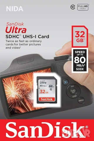 Карта памет SanDisk SD Ultra, 32GB, SDHC, 80MB/s, НОВА