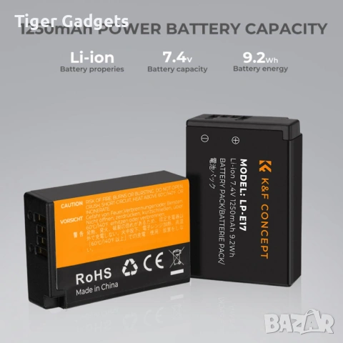 Комплект 2 батерии LP-E17 + USB зарядно K&F Concept за Canon (нови), снимка 3 - Батерии, зарядни - 54310262