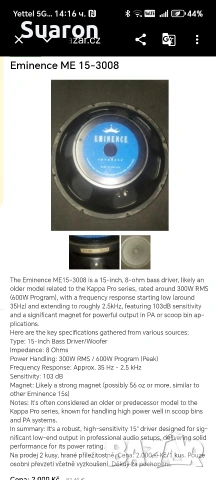 Eminence 15" говорител 600 вата 8 ома, снимка 6 - Тонколони - 54682620