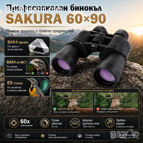 Мощен бинокъл SAKURA 60×90 за лов наблюдение на птици животни туризъм далечно виждане професионален, снимка 3 - Екипировка - 50931108