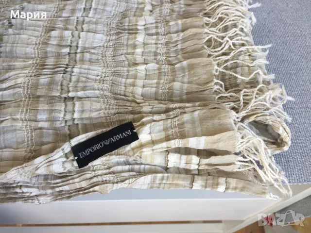 Оригинален Emporio Armani Шал Памук Коприна Емпорио Армани Летен Бежов Кремав Сив Бял, снимка 3 - Шалове - 55342831