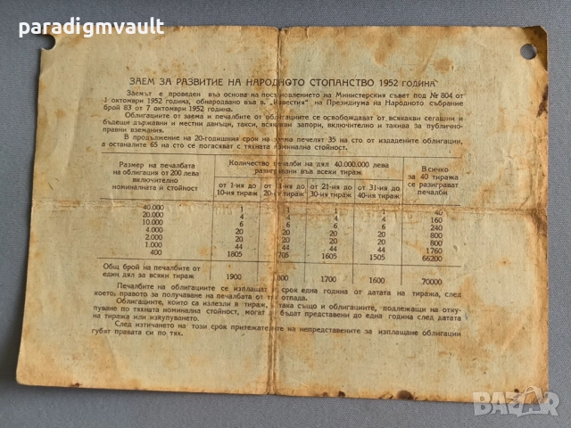 Облигация - Народна република България | 40 лв. | 1952г., снимка 2 - Други ценни предмети - 54392250