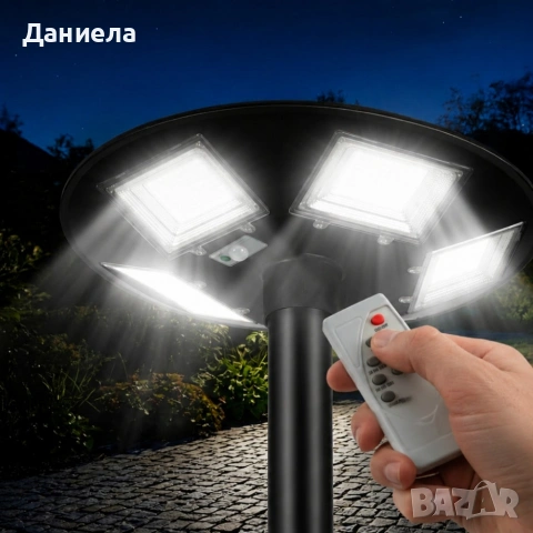 Соларна LED градинска лампа 360° - Сензор за движение, дистанционно управление и соларен панел, снимка 2 - Лед осветление - 55105795