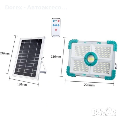 Соларен LED прожектор 100W с външен панел и дистанционно IP66, снимка 2 - Лед осветление - 54711320