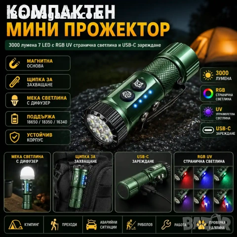 Мощен мини прожектор YEMAO 3000 лумена 7 LED Диода UV ултравиолетова RGB странична светлина, снимка 6 - Къмпинг осветление - 54027493