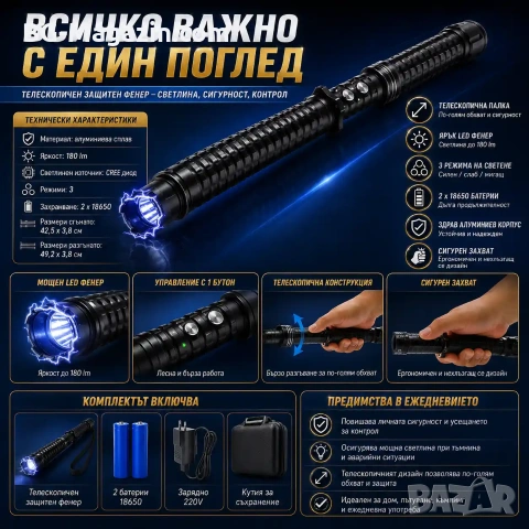 Мощен електрошок с LED фенер телескопична палка за самозащита кучегон самоотбрана защита от кучета, снимка 7 - Оборудване и аксесоари за оръжия - 51014827