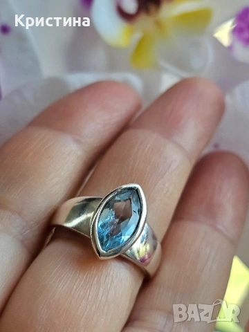 Марков сребърен пръстен със Син Топаз, снимка 3 - Пръстени - 54235042