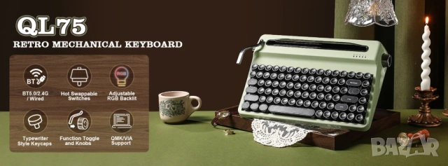 YUNZII QL75 Retro Typewriter Mechanical Keyboard –безжична механична клавиатура в стил пишеща машина