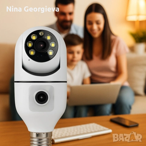 WiFi двойна IP камера за фасунга - Full HD 1080P, 355° въртене, нощно виждане и двупосочно аудио, снимка 3 - IP камери - 54438148