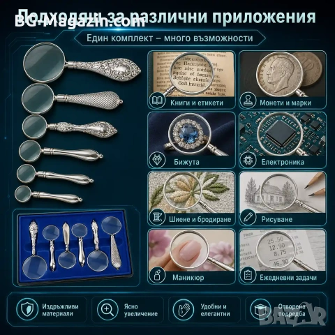 Луксозен подаръчен комплект от мощни увеличителни ръчни лупи за четене на книги подарък с дръжка , снимка 2 - Други инструменти - 50920894