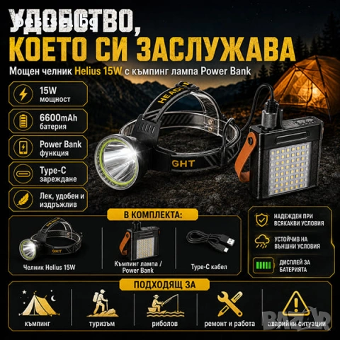 Мощен челник фенер за глава с къмпинг лампа Power Bank за лов рибилов, снимка 4 - Къмпинг осветление - 46807553