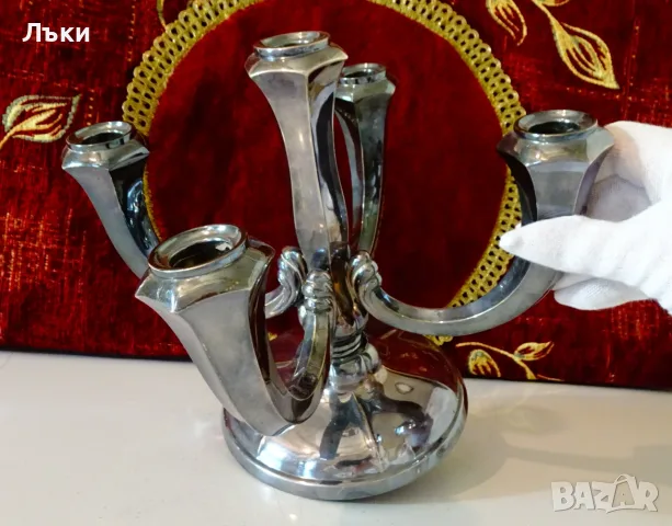 Посребрен свещник петица Art Deco,печат. , снимка 4 - Антикварни и старинни предмети - 55342226