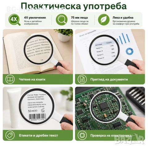 Увеличителна ръчна лупа за четене 4X увеличение стъклена леща деца насекоми работа с дръжка джобна, снимка 3 - Други инструменти - 50920329
