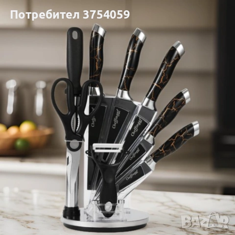 Комплект уреди за рязане Cheffinger – 9 части с мраморно покритие, стойка, точило и белачка, снимка 7 - Прибори за хранене, готвене и сервиране - 55182840