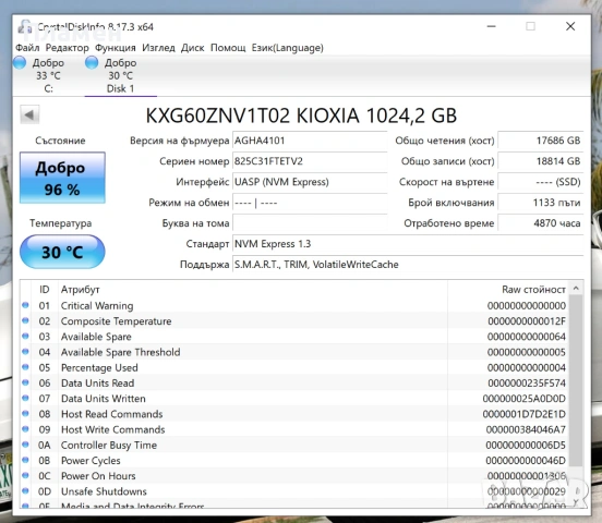 SSD NVMe M.2 1TB – 1000GB Kioxia KXG60ZNV1T02 PCIe Gen3 x 4, снимка 3 - Части за лаптопи - 54869617