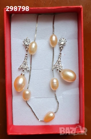Сребърен комплект от естествени перли , снимка 4 - Бижутерийни комплекти - 52823186