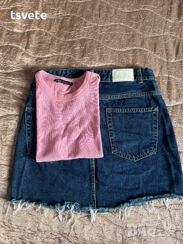 Сет дънкова пола Stay и тениска Zara, снимка 4 - Поли - 54662033