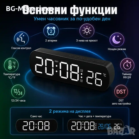 Електронен настолен LED часовник с термометър аларма постоянно светещ на ток USB за дома офиса нов, снимка 2 - Други - 51178926