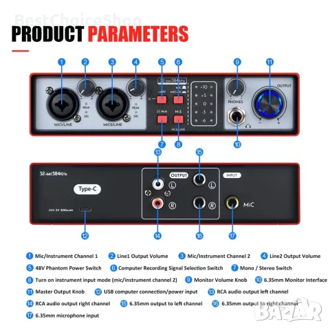 USB аудио интерфейс 2-in-2-out 32-bit/384kHz DSP 48V, домашно студио – NMX02, снимка 12 - Ресийвъри, усилватели, смесителни пултове - 55497244